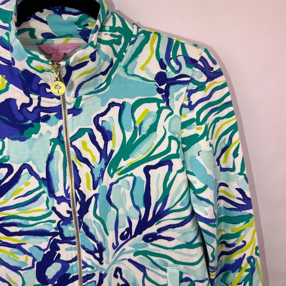Lilly Pulitzer, Reagan Full-Zip Jacket, Pool Blue Green Stay Cool Cotton Spandex - Picture 6 of 12
